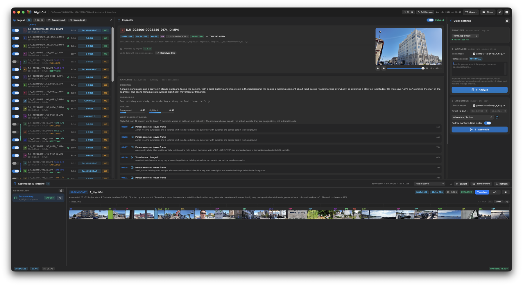 NightCut: Gesamtansicht mit eingelesenen Clips, Analyse eines einzelnen Clips und der zusammengesetzten Timeline