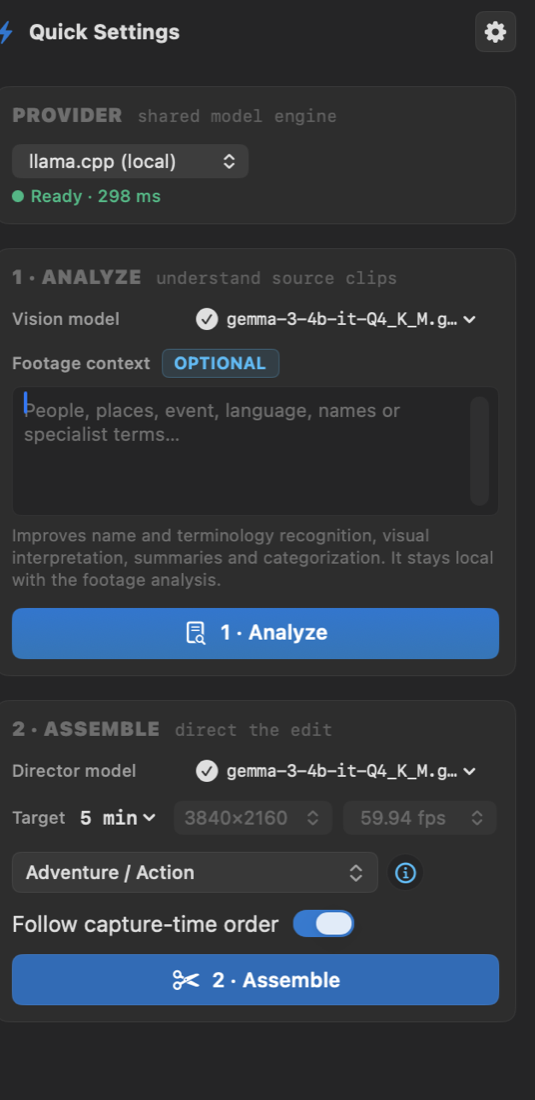 NightCut: Einstellungen für Analyse und Zusammenschnitt mit Ziellänge und Stil